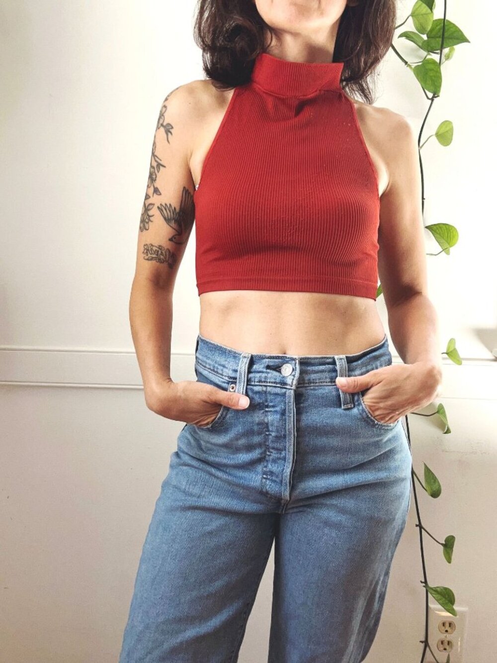 Out From Under Urban Outfitters Red Ribbed Mock Neck Halter Crop Top S